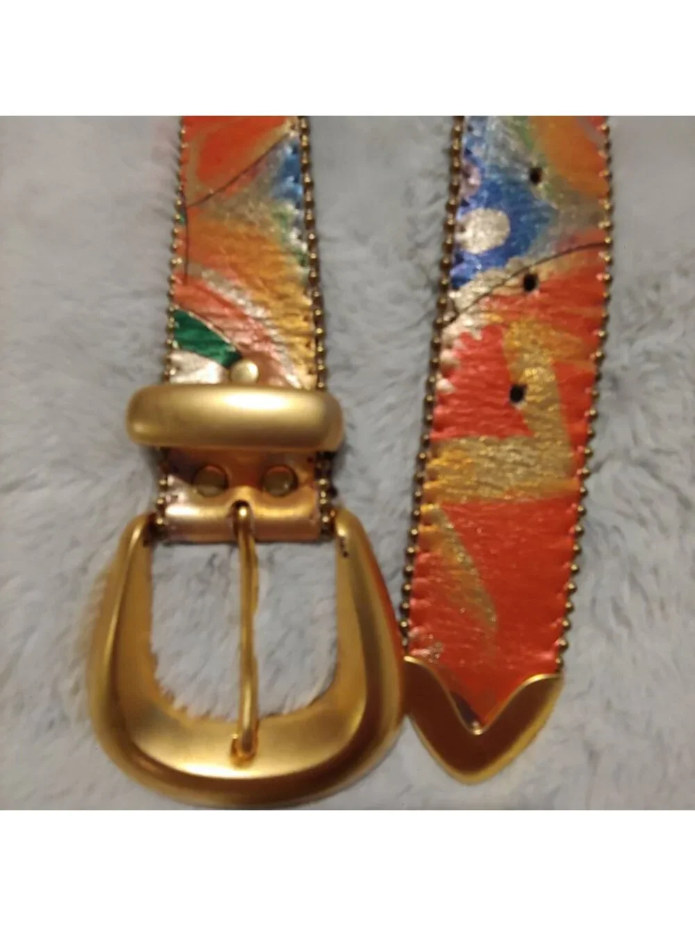 B.B. Simon Leather Belt Art Y2K Maximalist Statement Gold Western Metallic